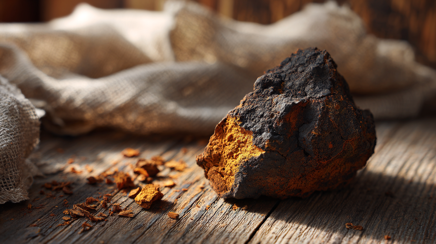 Champignon chaga naturel posé sur une table en bois avec texture sombre et fissures orangées visibles