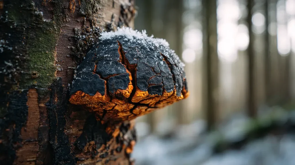 Chaga naturel qui pousse sur le tronc d’un arbre bouleau dans une forêt sauvage
