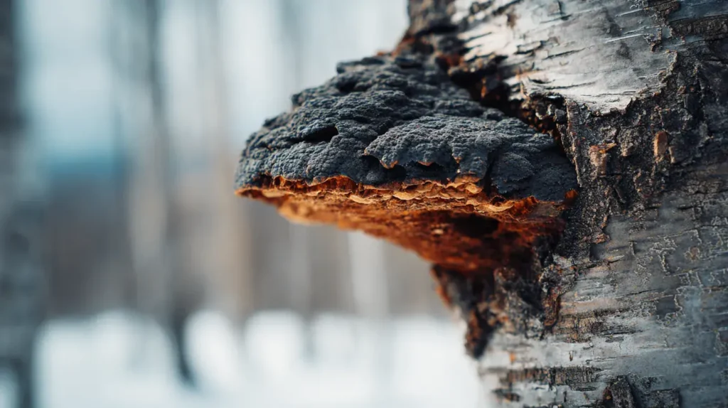 Champignon chaga poussant sur un arbre bouleau dans une forêt, illustrant les bienfaits du chaga naturel