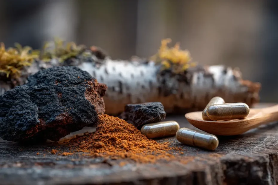 Chaga naturel avec poudre et gélules de chaga montrant l’utilisation du chaga en complément alimentaire
