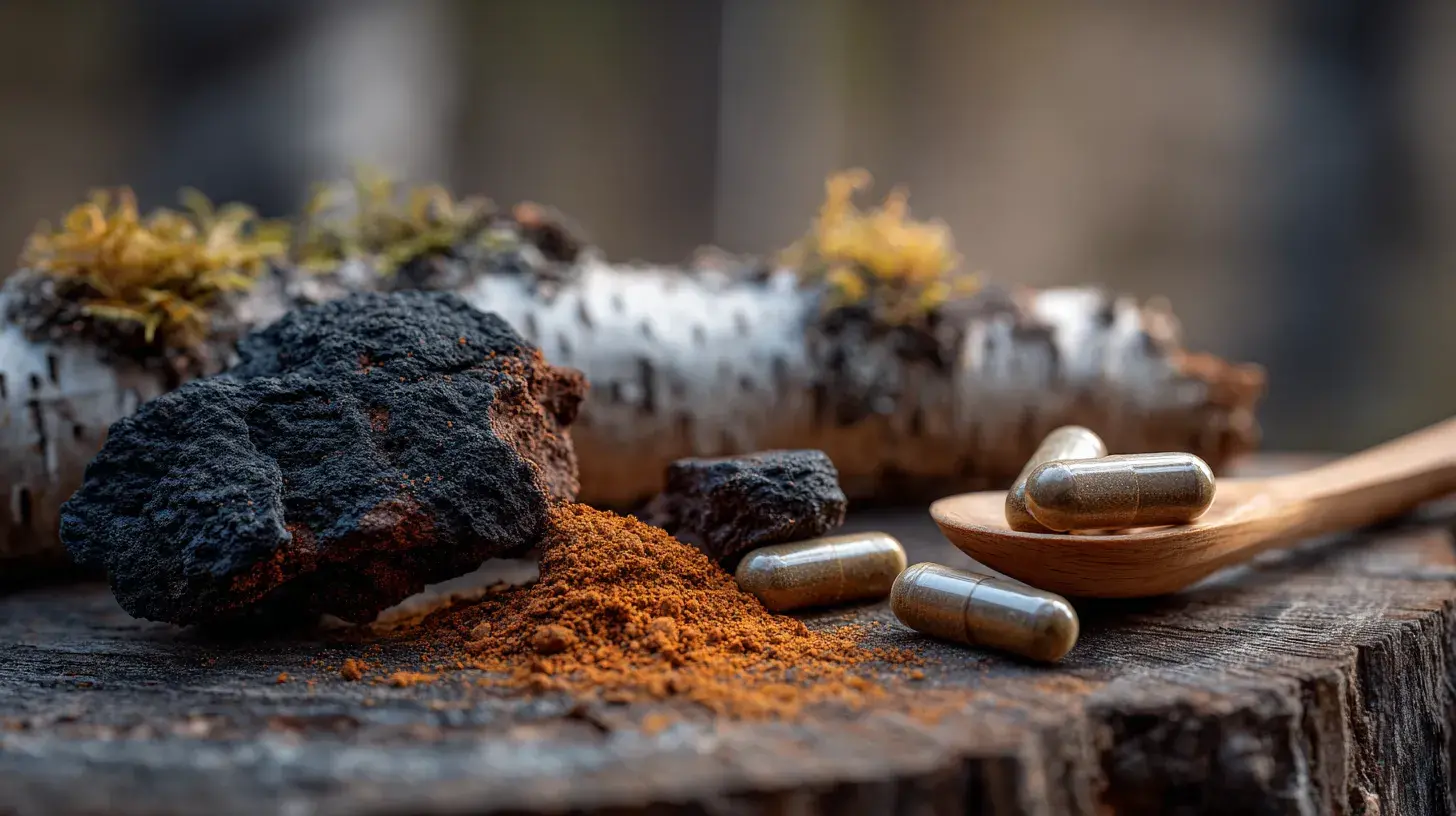 Chaga naturel avec poudre et gélules de chaga montrant l’utilisation du chaga en complément alimentaire
