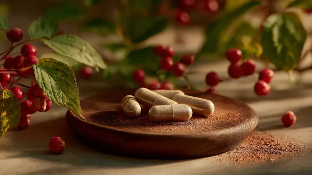 Gélules naturelles de salsepareille disposées sur bois avec feuilles et baies en arrière-plan