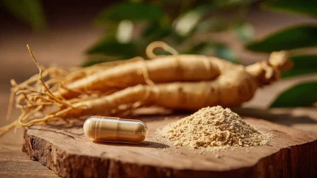 Racine de ginseng avec gélule et poudre illustrant les bienfaits du ginseng comme complément alimentaire naturel