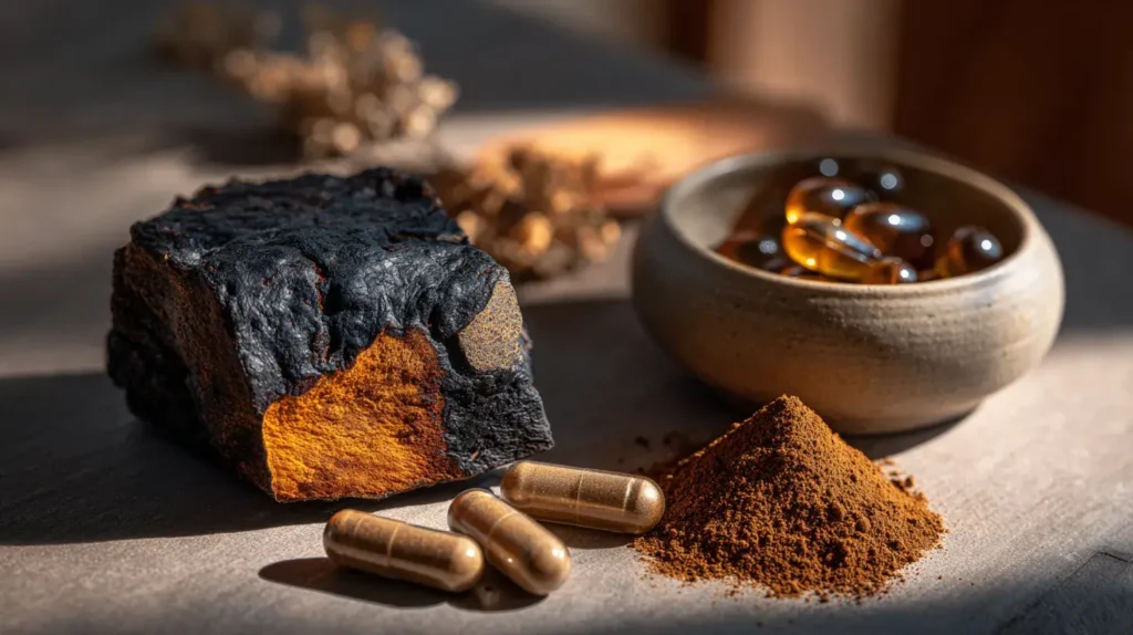 Champignon chaga brut accompagné de gélules et de poudre de chaga sur une table