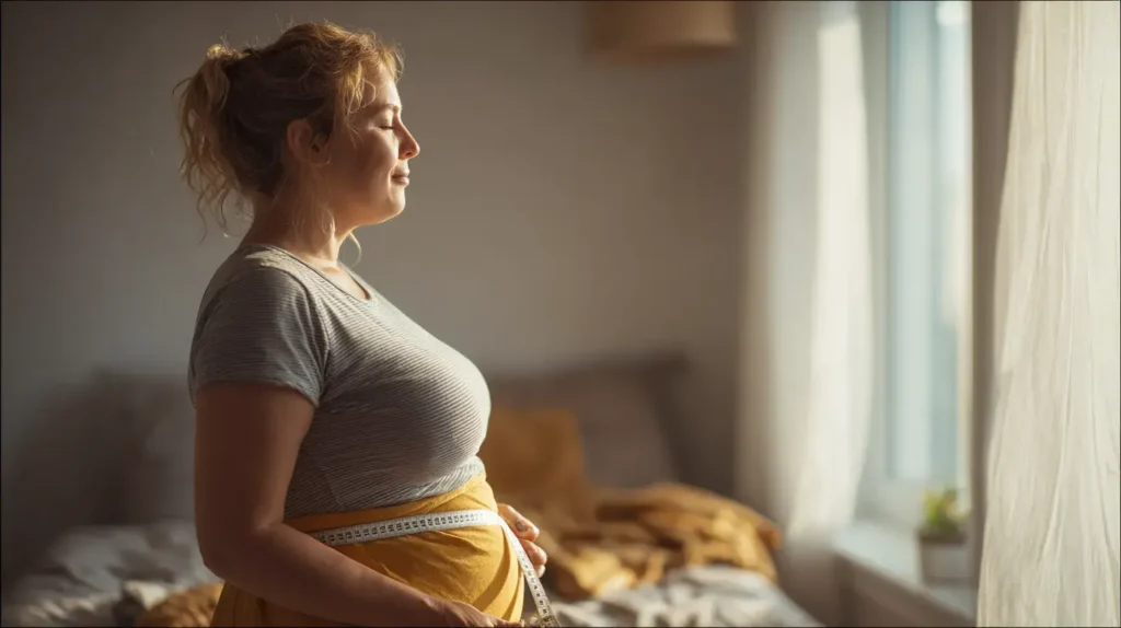 Femme en léger surpoids mesurant son ventre avec un mètre ruban dans une chambre lumineuse 