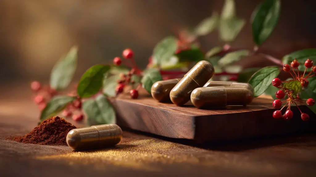 Gélules de salsepareille de la marque nutriforce posées sur une table avec des plantes à coté