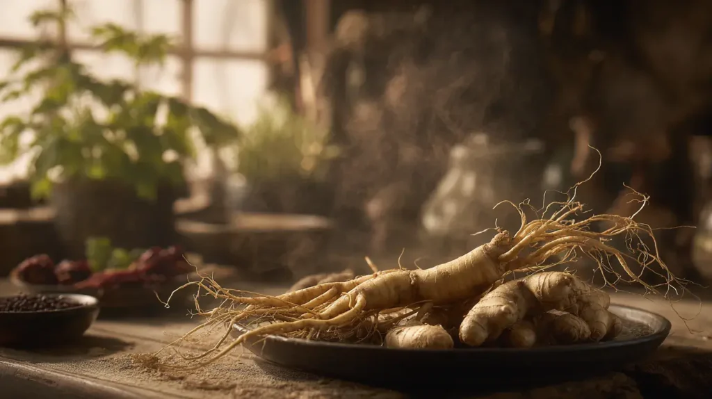 Racines de ginseng et de gingembre posées côte à côte montrant leurs textures naturelles