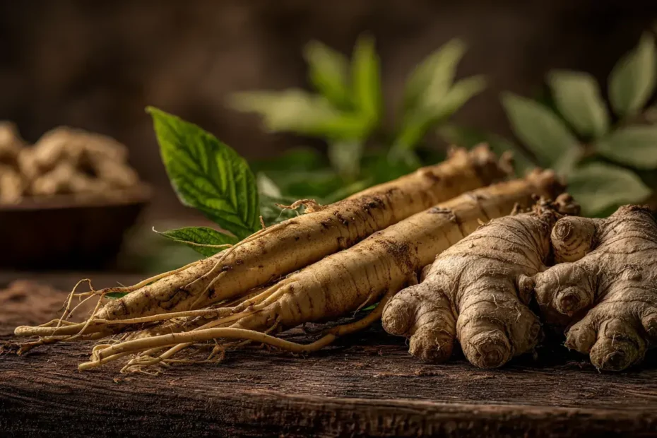 Racines fraîches de ginseng et de gingembre placées côte à côte sur une table en bois dans un décor naturel