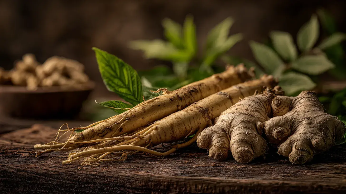 Racines fraîches de ginseng et de gingembre placées côte à côte sur une table en bois dans un décor naturel
