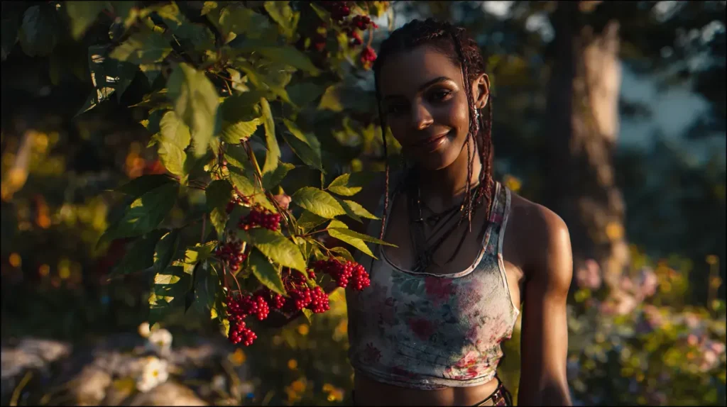 Personne en bonne santé tenant une plante de salsepareille avec baies rouges et feuilles vertes dans un environnement naturel