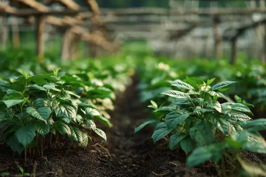 Gros plan sur des plantes de ginseng cultivées en plantation montrant la culture et les bienfaits du ginseng