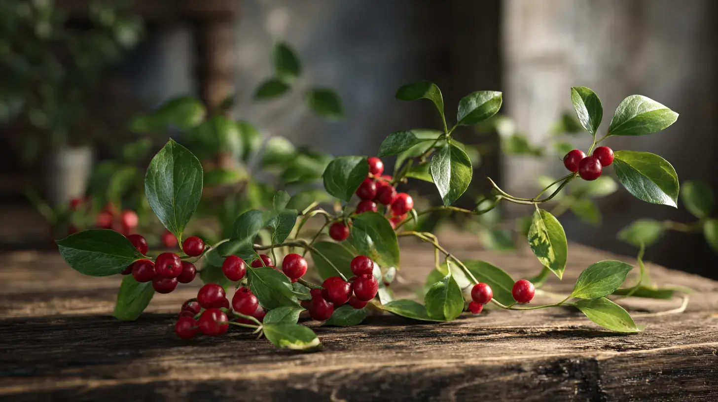 Plante de salsepareille avec feuilles vertes et baies rouges posée sur une table en bois rustique éclairée par lumière naturelle