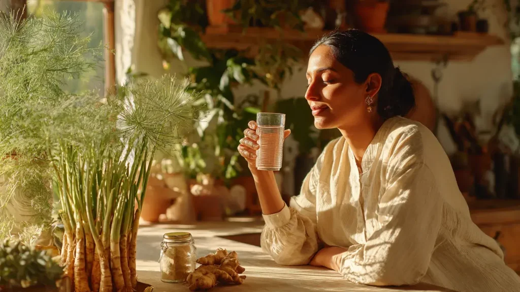 Femme qui boit du shatavari pour son bien-être féminin