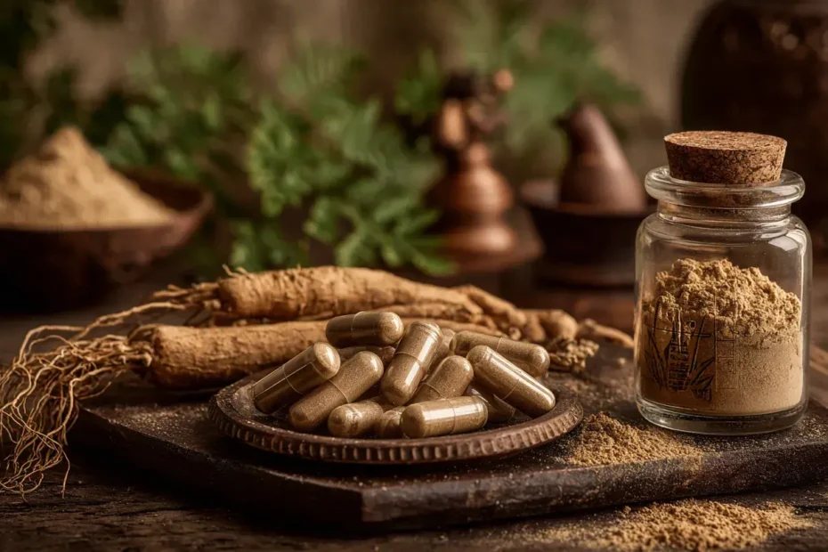 poudre et gélules de shatavari posés sur un table avec des plantes
