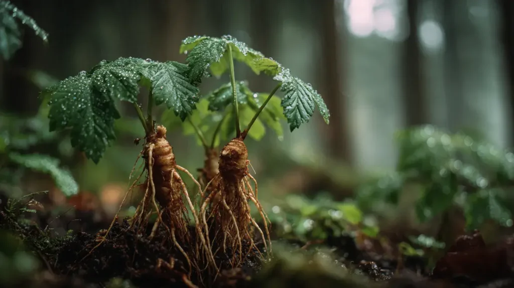 Gros plan sur des racines de ginseng fraîches en forêt montrant l’origine naturelle et les bienfaits du ginseng