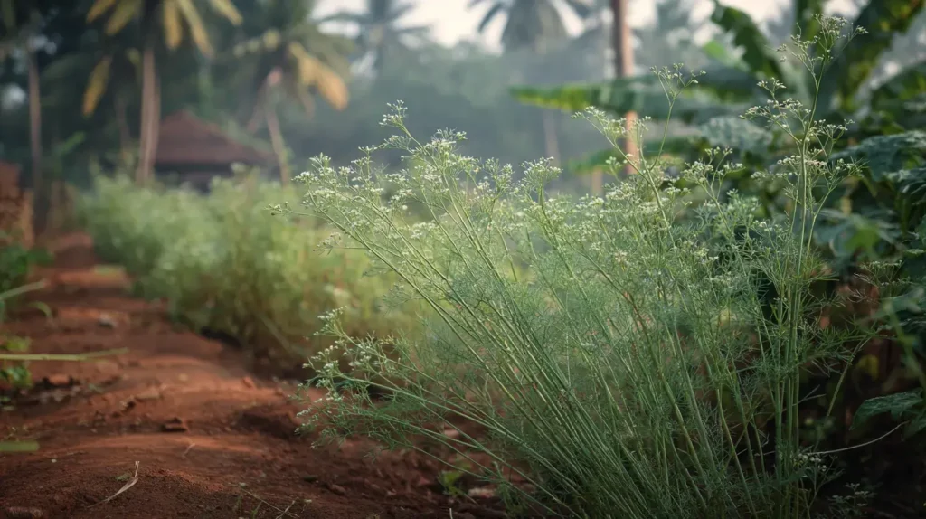 Racines séchées de shatavari avec feuilles vertes dans un décor naturel ayurvédique