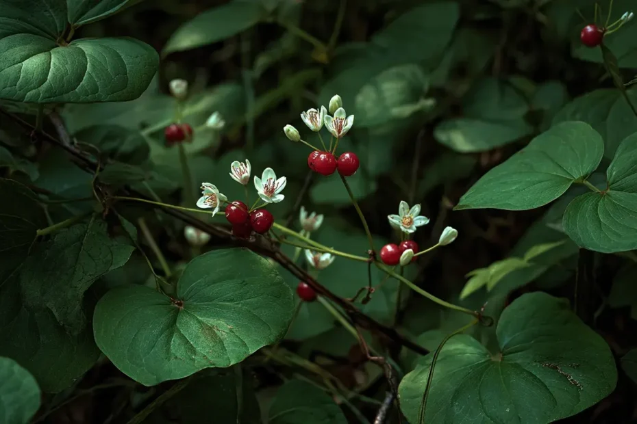 Photo macro de salsepareille en fleur avec baies rouges au bout des lianes en forêt