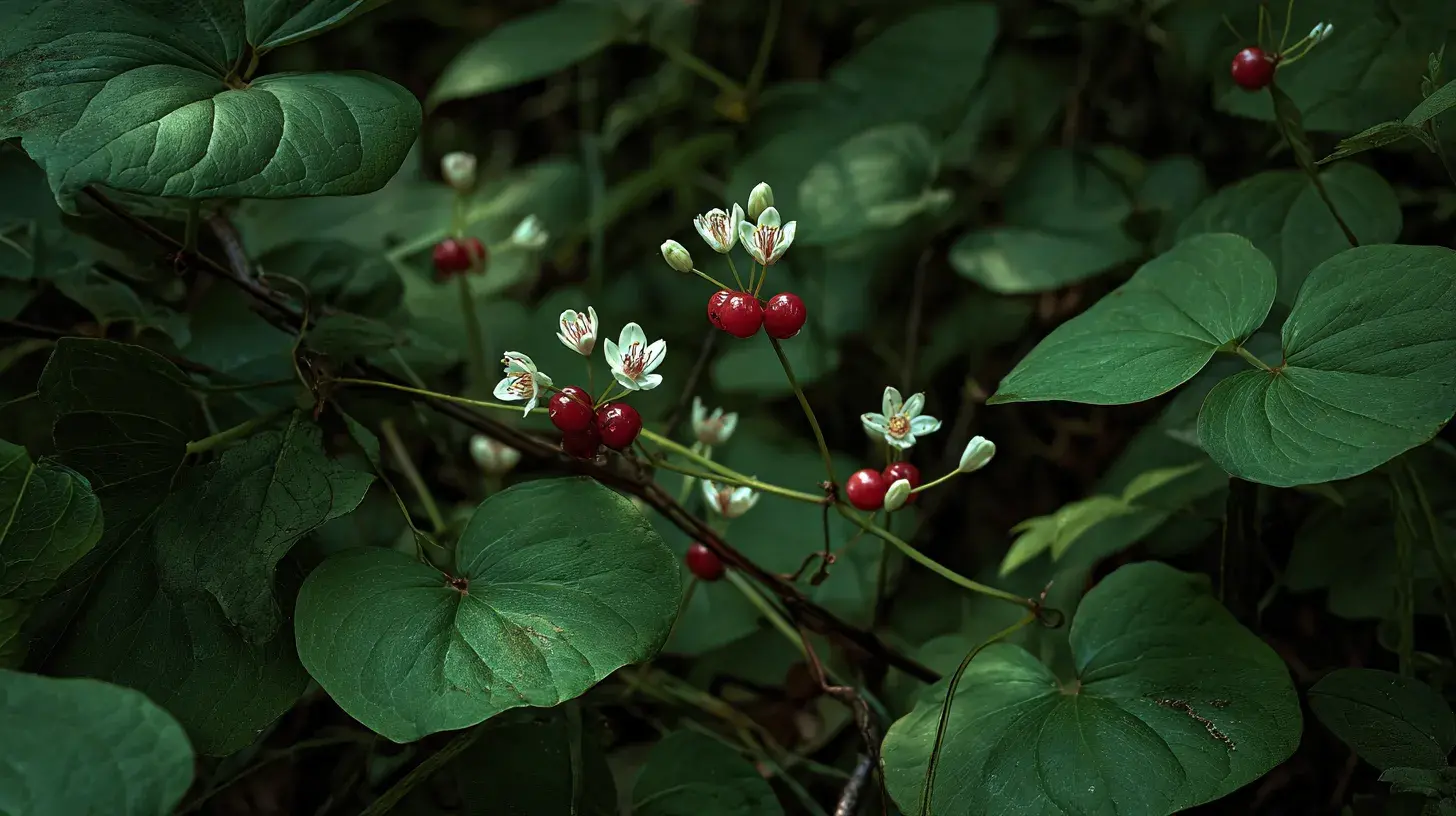 Photo macro de salsepareille en fleur avec baies rouges au bout des lianes en forêt