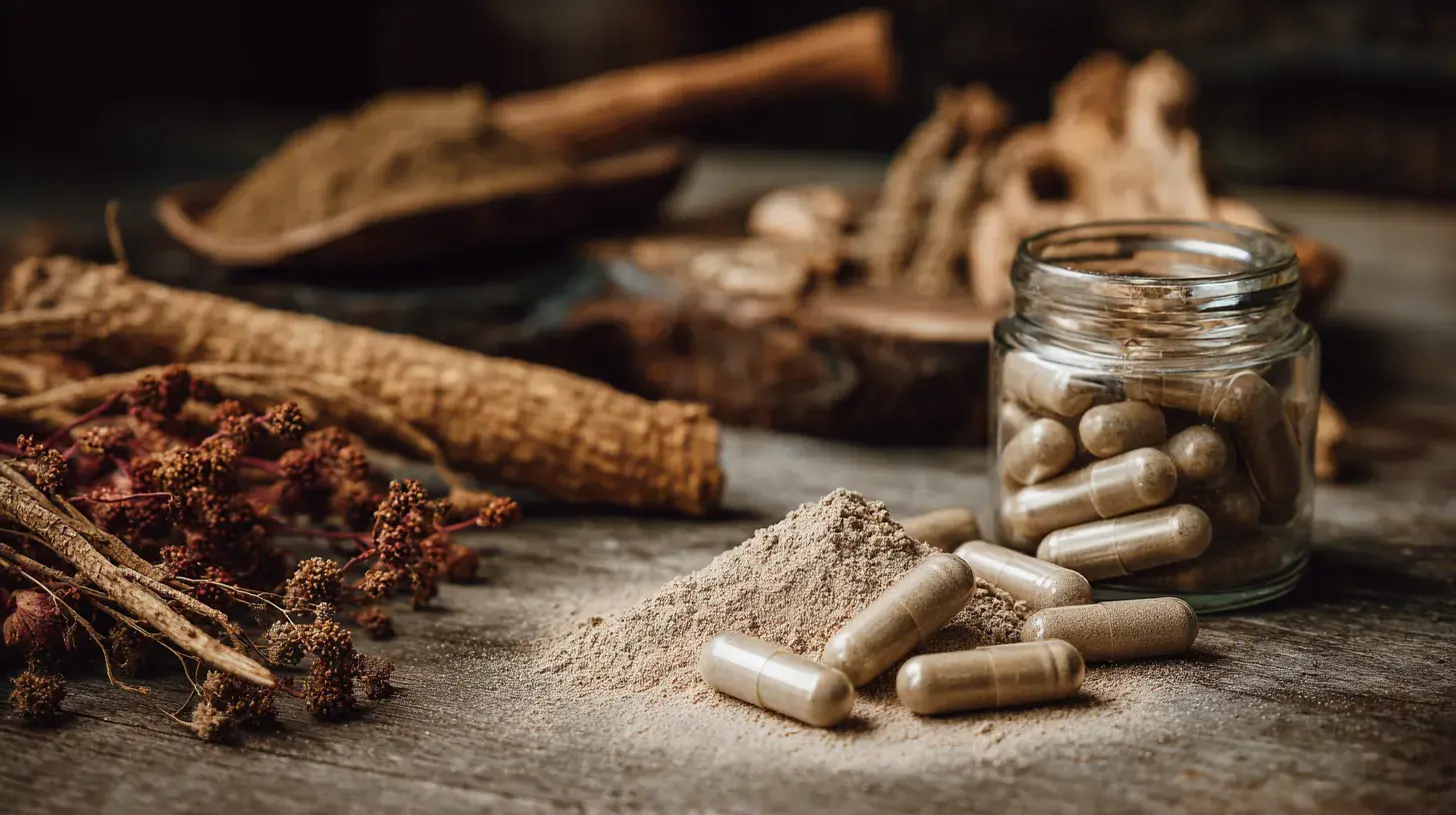 Shatavari sur une table en bois avec capsules et racine séchée illustrant les bienfaits du shatavari