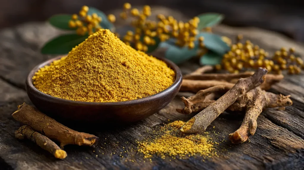 Bienfaits de la berbérine avec poudre pure de berbérine naturelle sur une table en bois