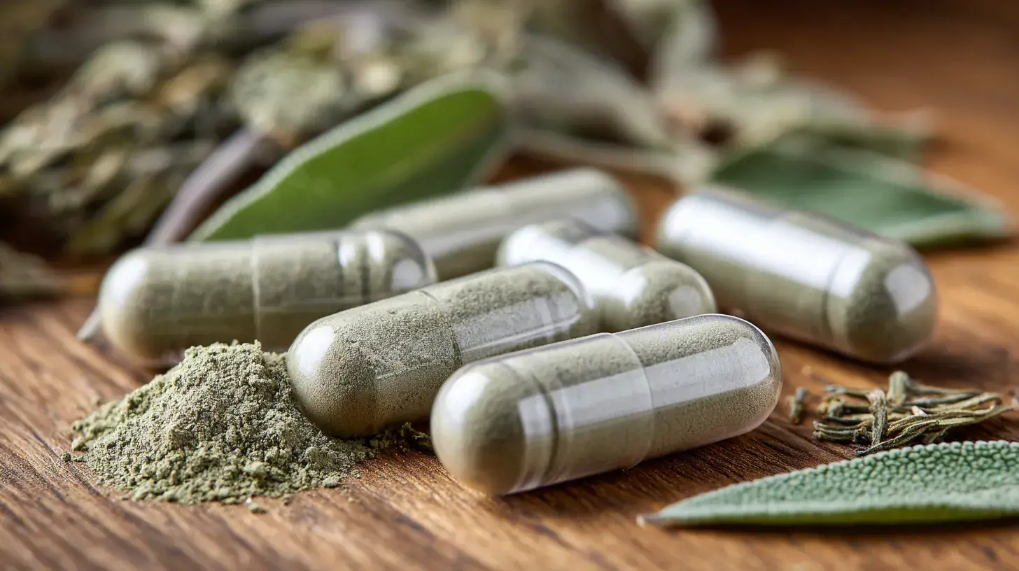 Gélules contenant de la poudre de sauge verte représentant les bienfaits de la sauge officinale en complément alimentaire