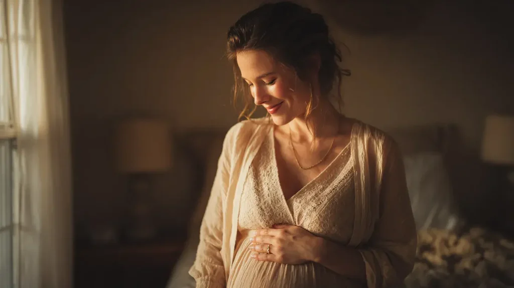 Femme enceinte tenant son ventre illustrant les précautions liées aux bienfaits de la sauge officinale