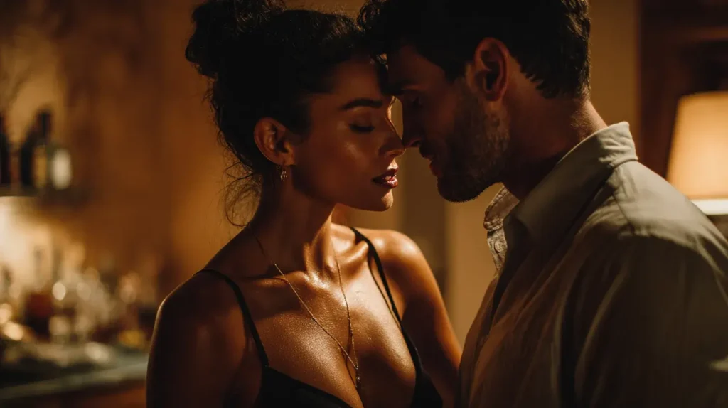 Portrait naturel de deux adultes attirants partageant une forte tension sensuelle, illustrant les bienfaits sur la libido élevée