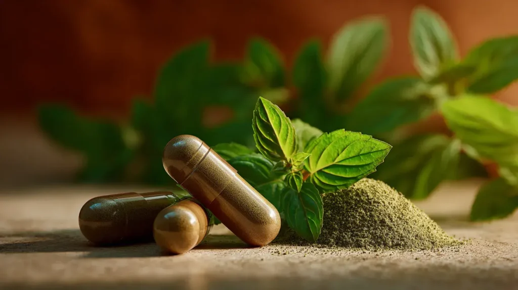 Feuilles de basilic tulsi frais accompagnées de gélules naturelles, représentant les bienfaits du tulsi en complément alimentaire pour l’énergie, l’immunité et la vitalité