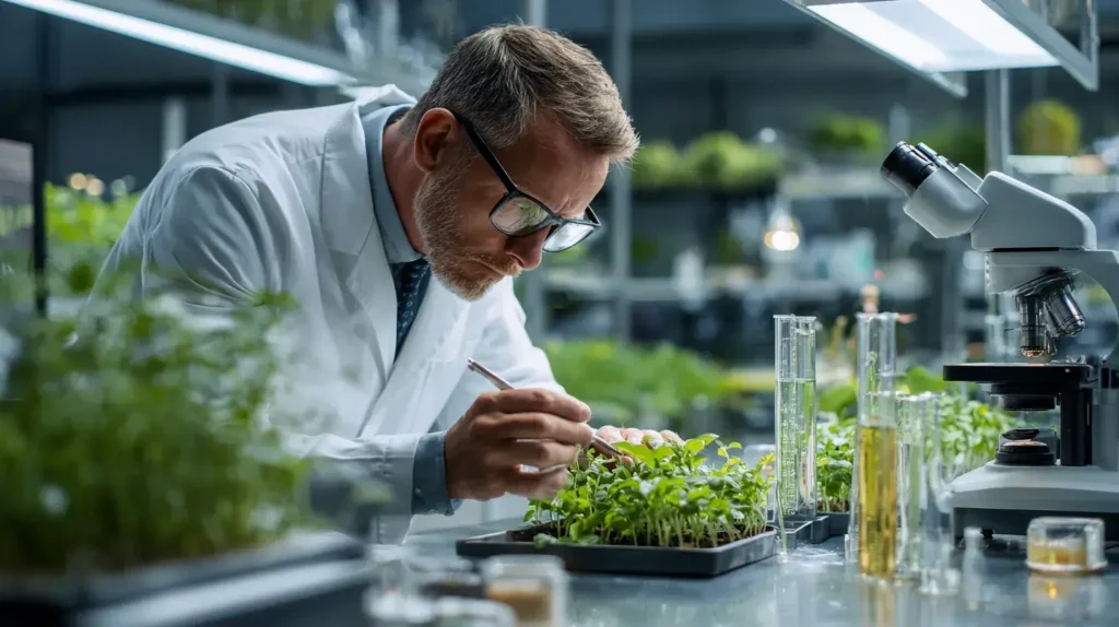 Scientifique étudiant des plantes de tulsi en laboratoire, illustrant les bienfaits du tulsi pour la santé, la recherche botanique et le bien-être naturel