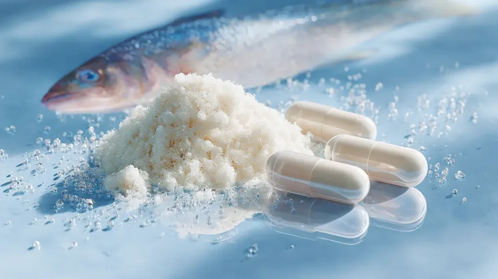 Gélules de collagène marin blanches avec poudre et poisson illustrant les meilleurs collagènes marin naturels