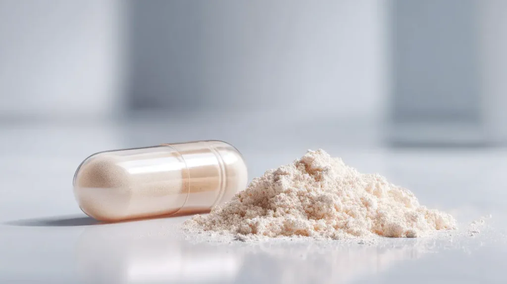 Gélule transparente et poudre de collagène marin montrant les bienfaits du collagène marin