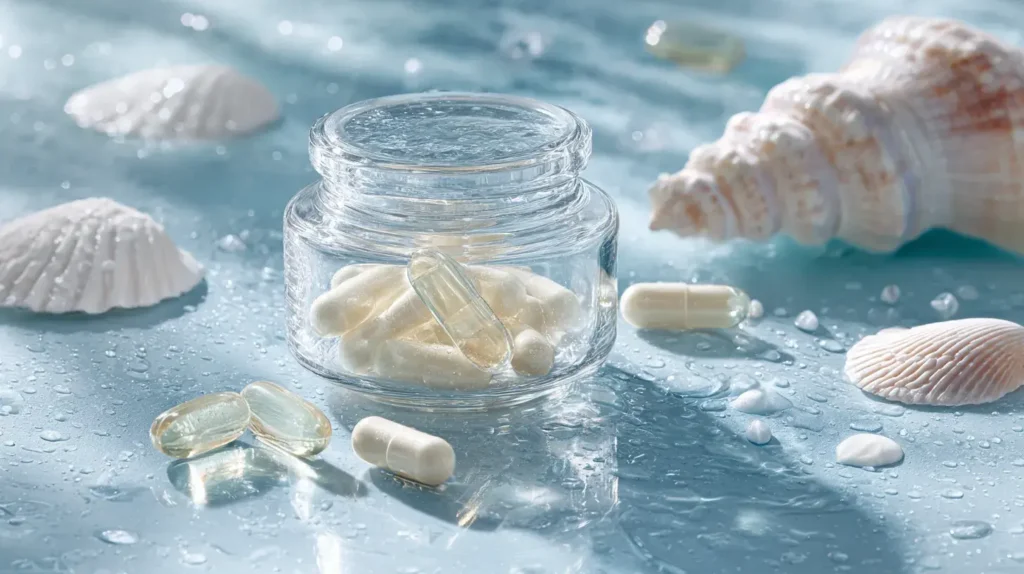 Gélules de collagène marin avec poisson illustrant les bienfaits du collagène marin naturel