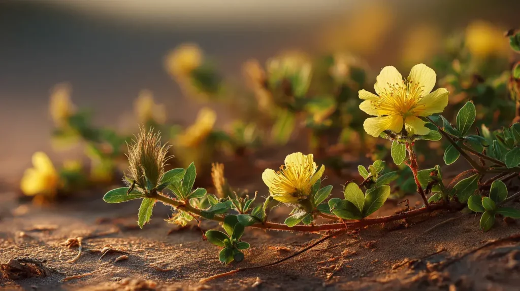Photographie botanique macro réaliste de danger Tribulus terrestris dans un environnement aride, avec fleurs jaunes, feuillage dense et fruits épineux