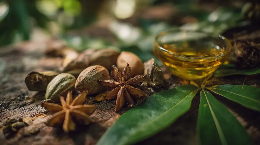 Graines et gousses de Sacha Inchi sur une surface en bois avec des feuilles naturelles