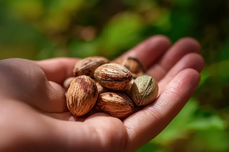 Graines de Sacha Inchi dans la main d’une personne en environnement naturel