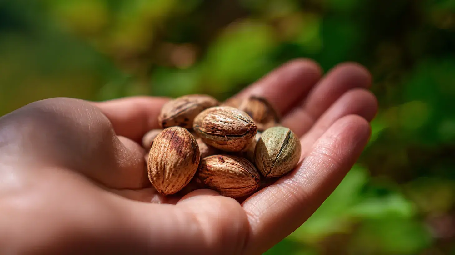 Graines de Sacha Inchi dans la main d’une personne en environnement naturel