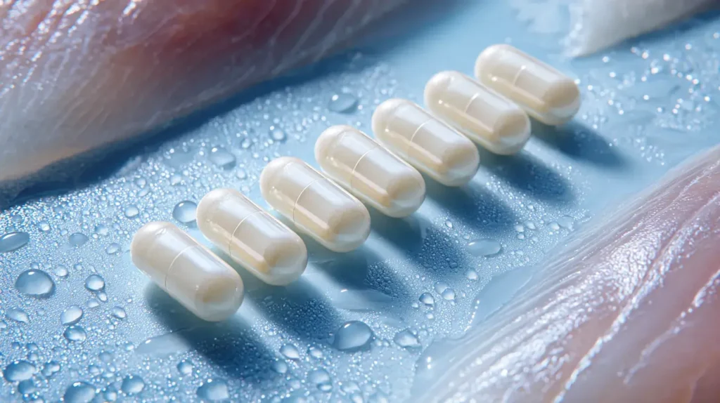 Rangées de gélules de meilleur collagène marin en macro illustrant les bienfaits du collagène marin