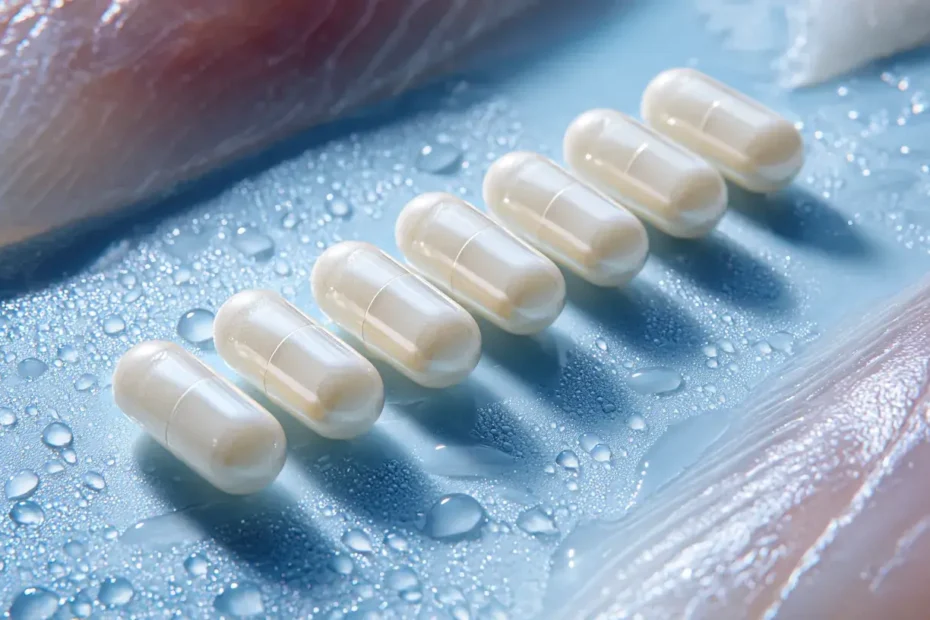 Rangées de gélules de meilleur collagène marin en macro illustrant les bienfaits du collagène marin