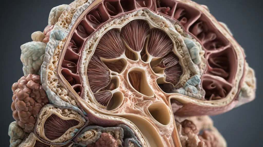 Illustration médicale réaliste de la prostate humaine mettant en lumière les problèmes et risques potentiels pour la santé