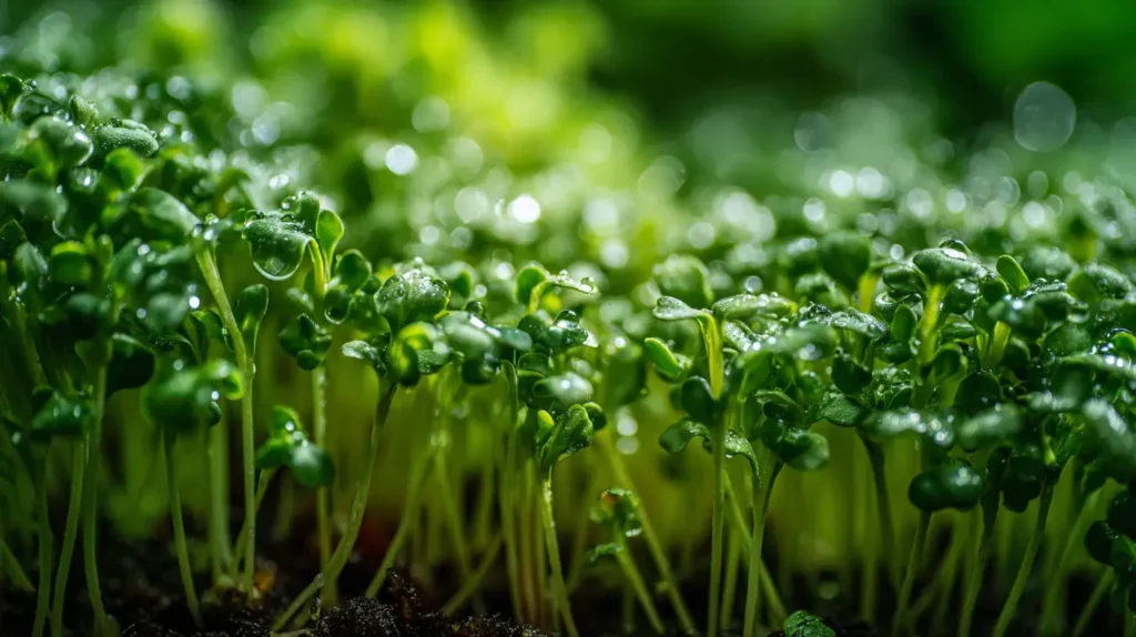 Jeunes pousses d’alfalfa vertes avec gouttes de rosée illustrant les bienfaits de l'alfalfa et sa richesse nutritionnelle