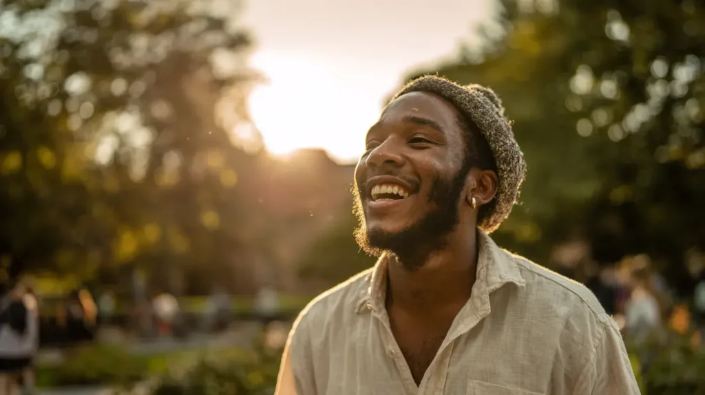 Homme souriant et riant naturellement dans un parc ensoleillé avec une ambiance joyeuse et détendue, il a pris de l'astaxanthine sans danger