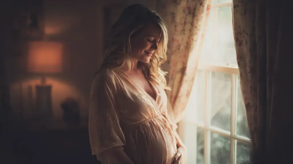 Femme enceinte debout près d’une fenêtre lumineuse, tenant doucement son ventre avec une expression paisible, elle ne prend pas d'astaxanthine pour éviter les dangers