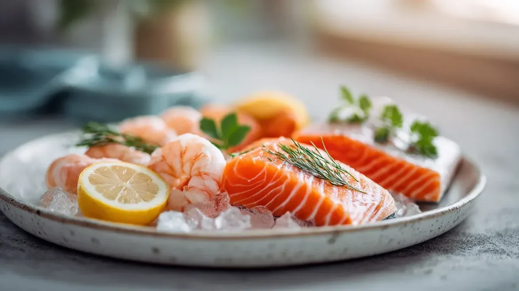 saumon et crevettes dans une assiette pour représenter les bienfaits de l'astaxanthine dans les aliments du quotidien
