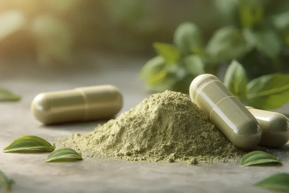 Gélules et poudre de tulsi vert olive illustrant les bienfaits du tusli pour le bien-être naturel