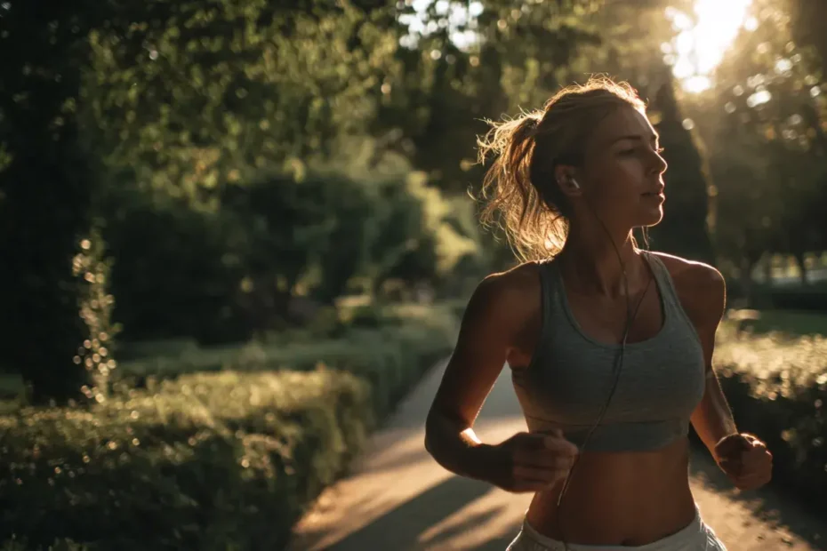 Femme qui court dans un parc et qui a pris un gel pour la course à pied
