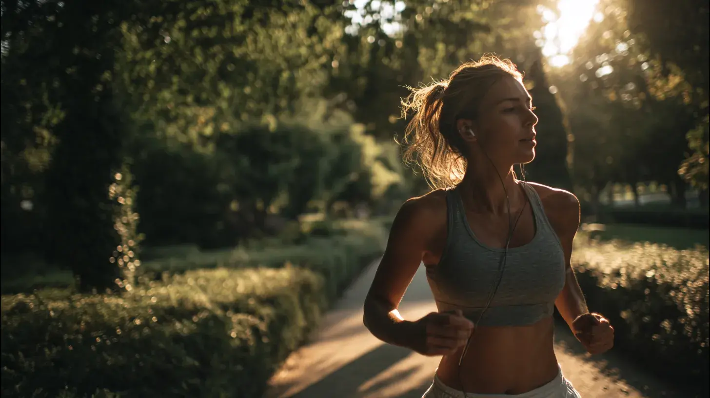 Femme qui court dans un parc et qui a pris un gel pour la course à pied