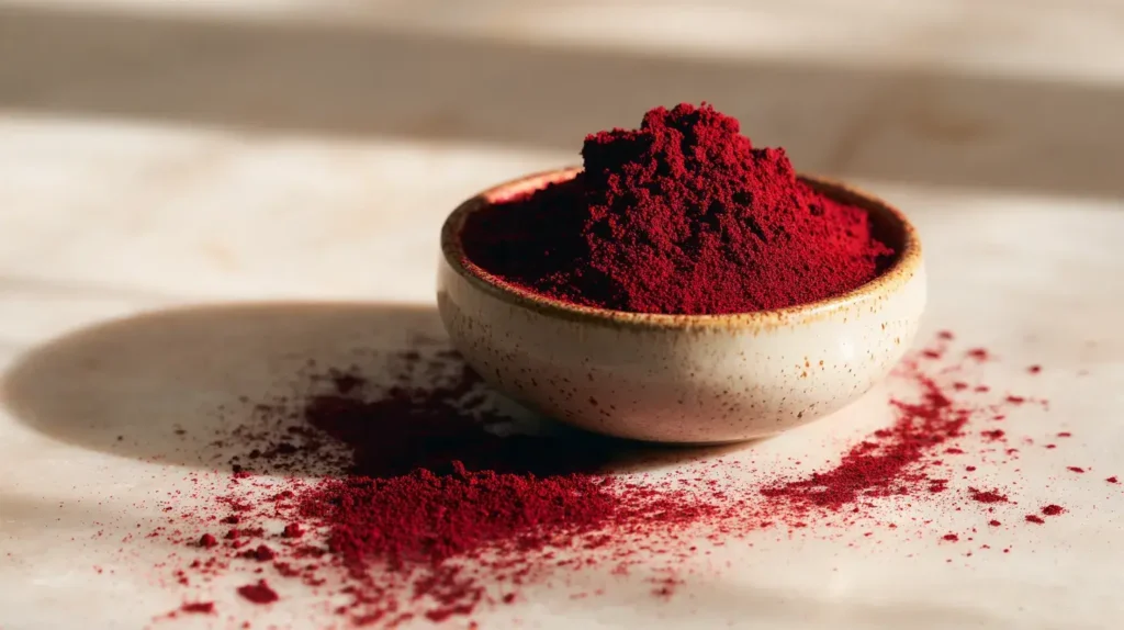 Poudre rouge d’astaxanthine dans un petit bol en céramique sur une surface en marbre, avec des particules dispersées autour