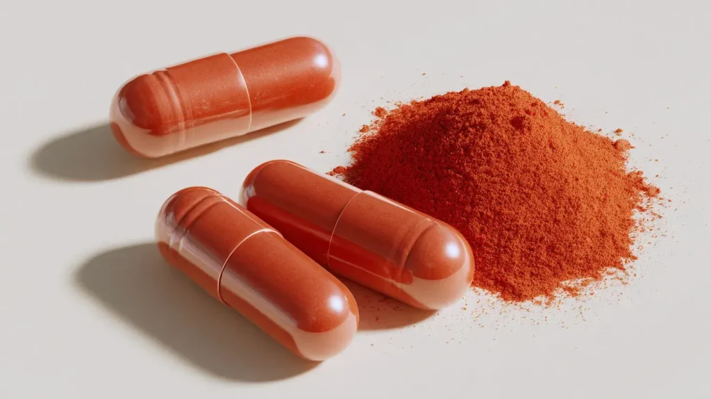 gélules et poudre d'astaxanthine pour représenter ses bienfaits