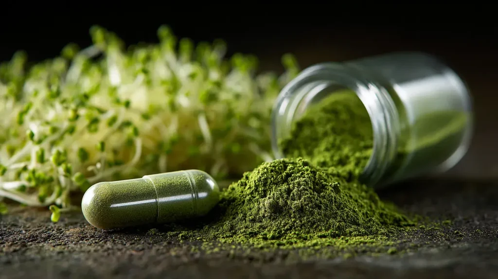 Gélules d’alfalfa vertes avec poudre et plante fraîche montrant les bienfaits alfalfa sous forme de complément naturel