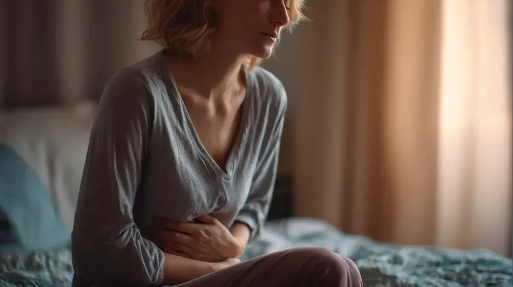 Personne assise sur un lit tenant son ventre avec une expression de douleur abdominale et d’inconfort. Elle consomme du tongkat ali pour ses bienfaits naturels